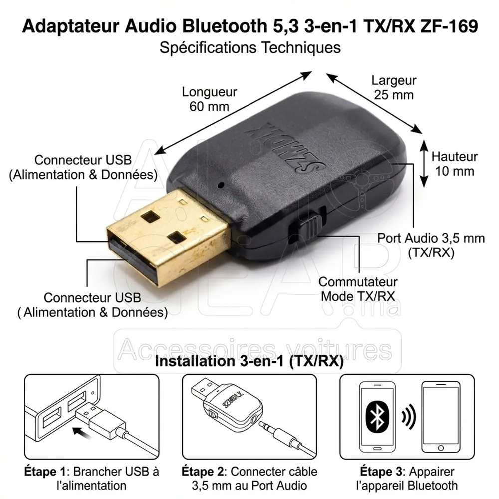 Adaptateur Audio Bluetooth 5.3 3-en-1 TX/RX ZF-169 vue 4