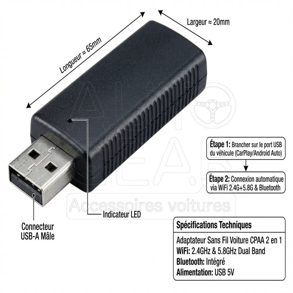 Adaptateur Sans Fil Voiture WiFi CarPlay/Android Auto CPAA vue 4