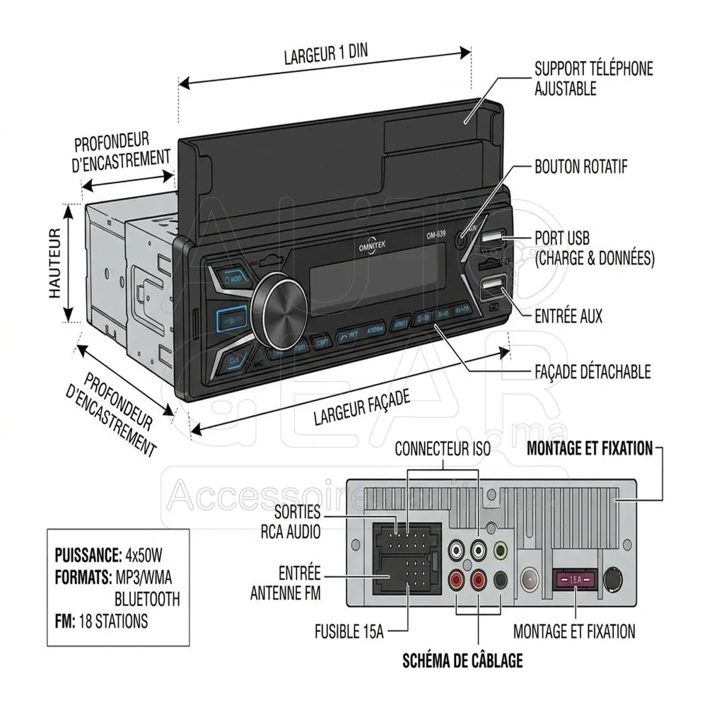Autoradio Bluetooth FM MP3 USB SD avec Support Téléphone vue 4