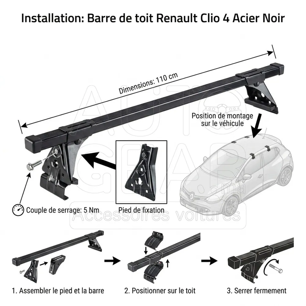 Barre de Toit Transversale Renault Clio 4 Acier Noir 110cm vue 4