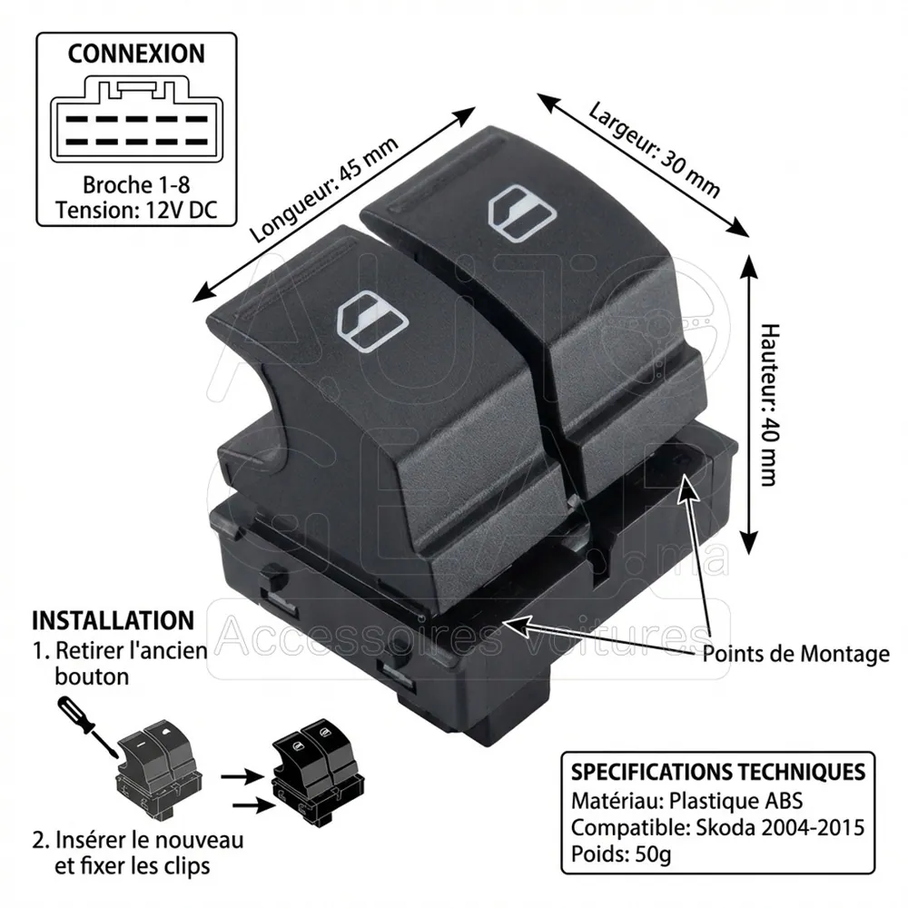 Bouton Lève-Vitre Skoda Fabia 2, Octavia 2, Roomster 2004-2015 vue 4