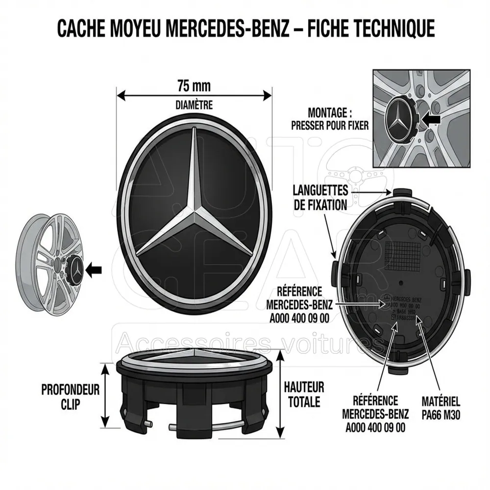 Cache-Moyeu Mercedes-Benz Noir et Argent 7,5cm vue 4
