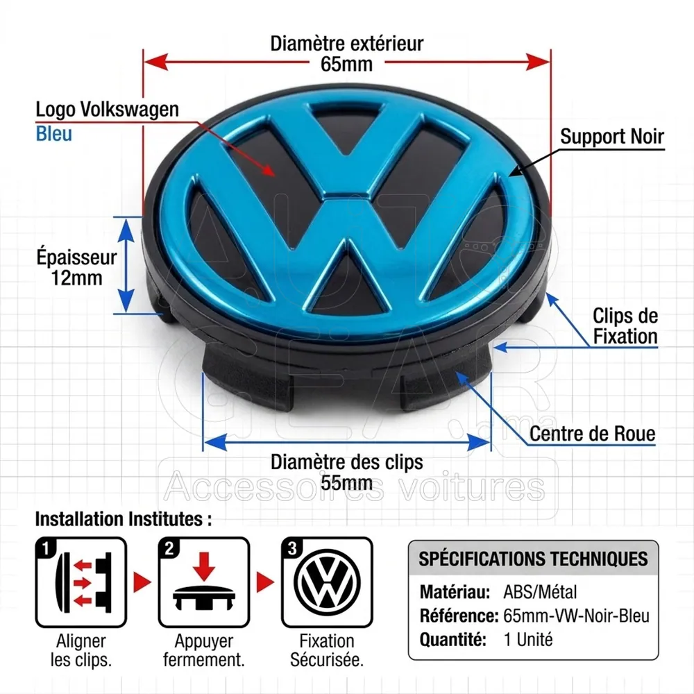 Cache-Moyeu Volkswagen Noir 65mm vue 4