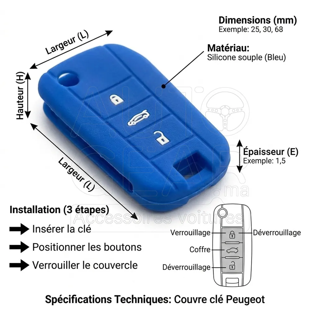 Couvre-Clé Peugeot Silicone Bleu 3 Boutons vue 4