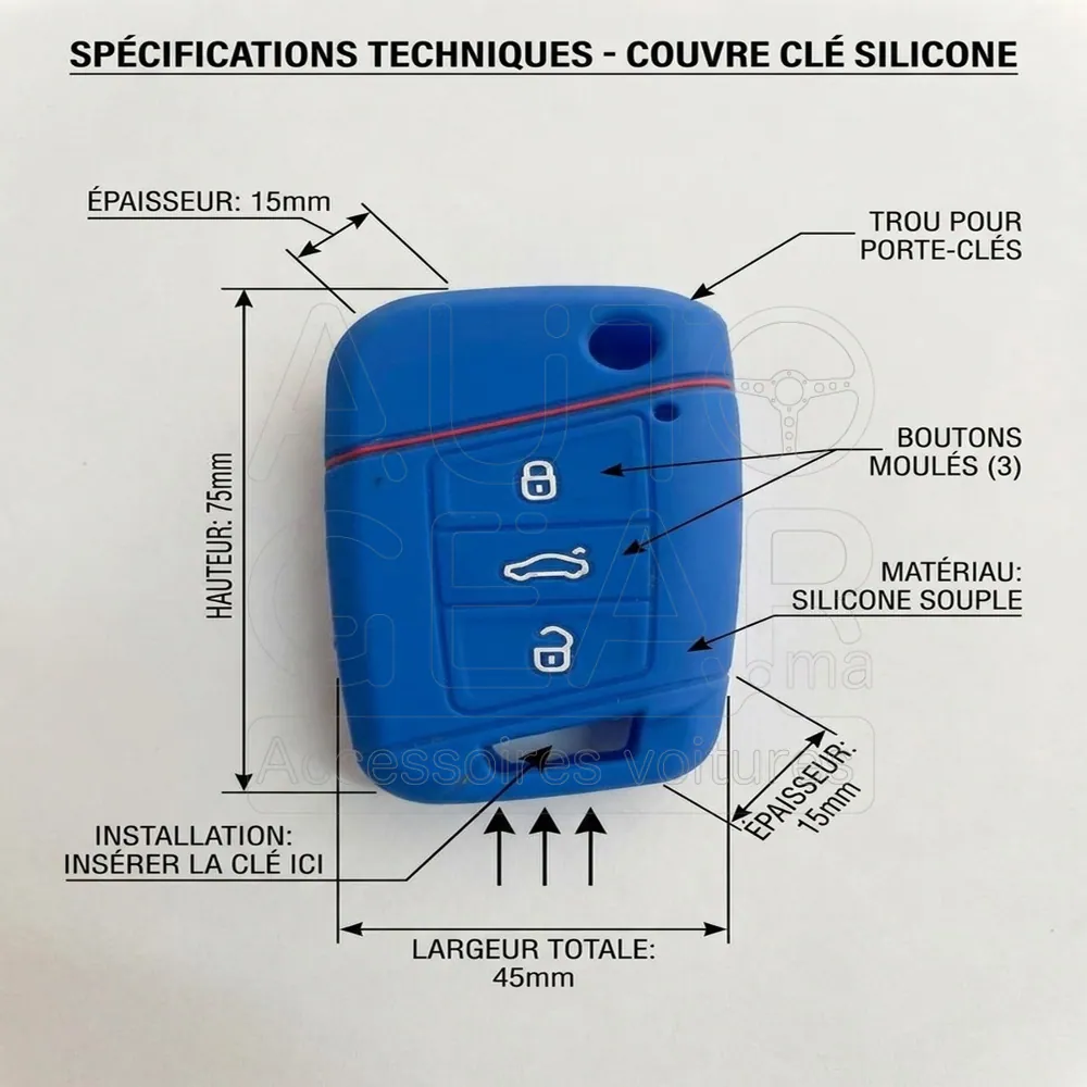Couvre-Clé Silicone Bleu Volkswagen Skoda Cupra Seat 3 Boutons vue 4