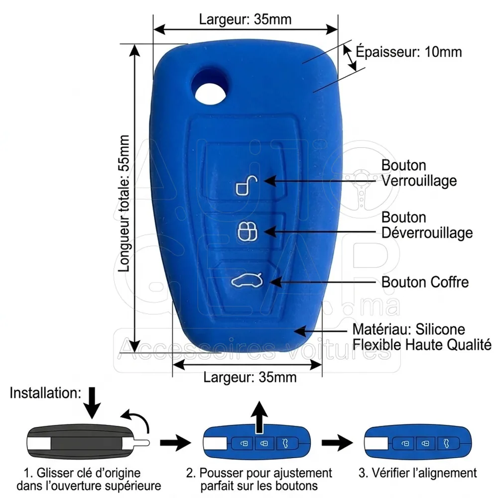Couvre-Clé Silicone Ford 3 Boutons Bleu vue 4