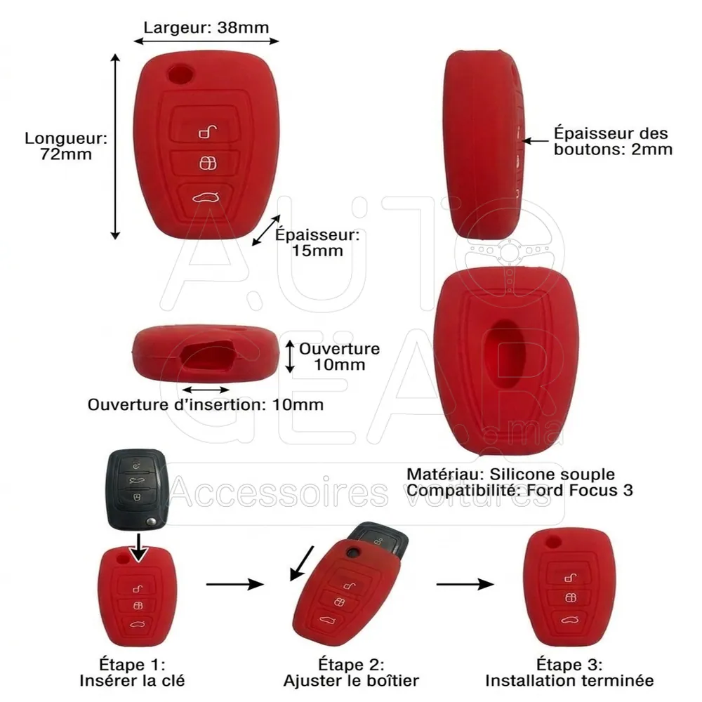 Couvre-Clé Silicone Ford Focus 3 Rouge vue 4