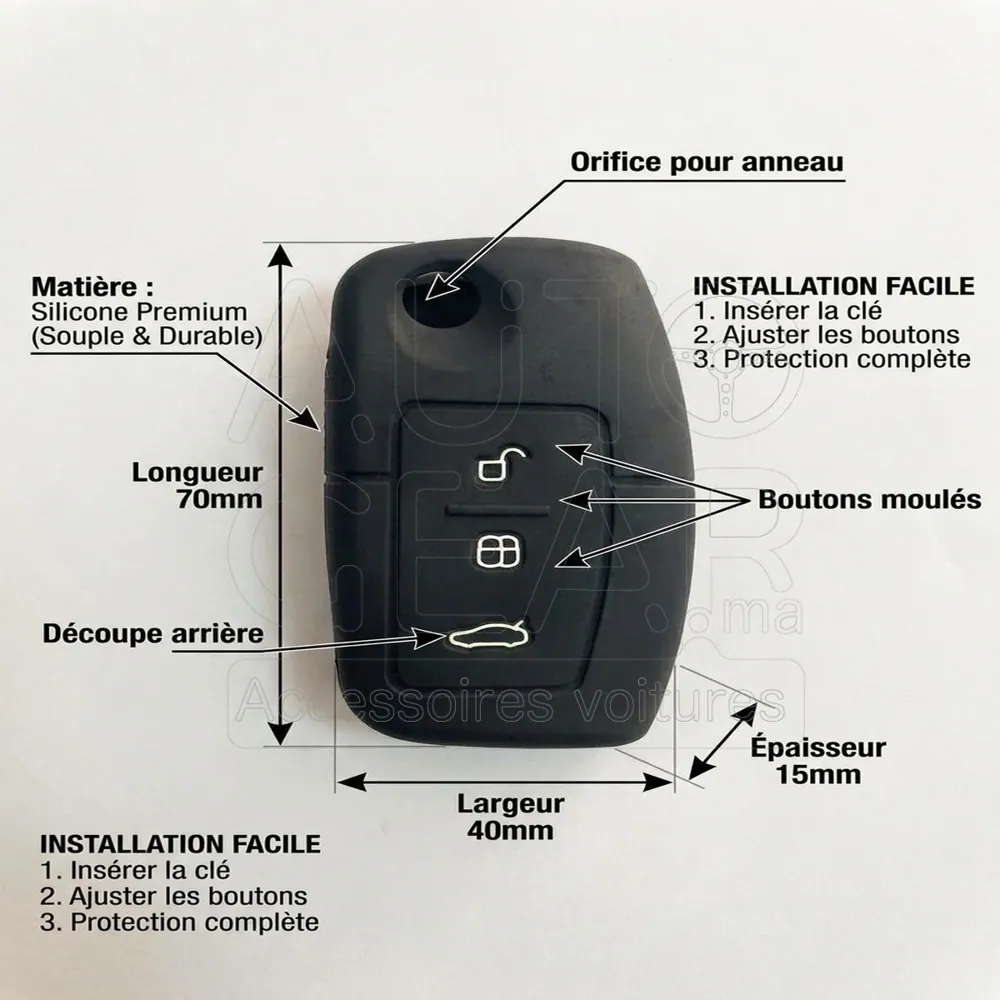 Couvre-Clé Silicone Noir pour Ford Focus 2 Fiesta 3 vue 4