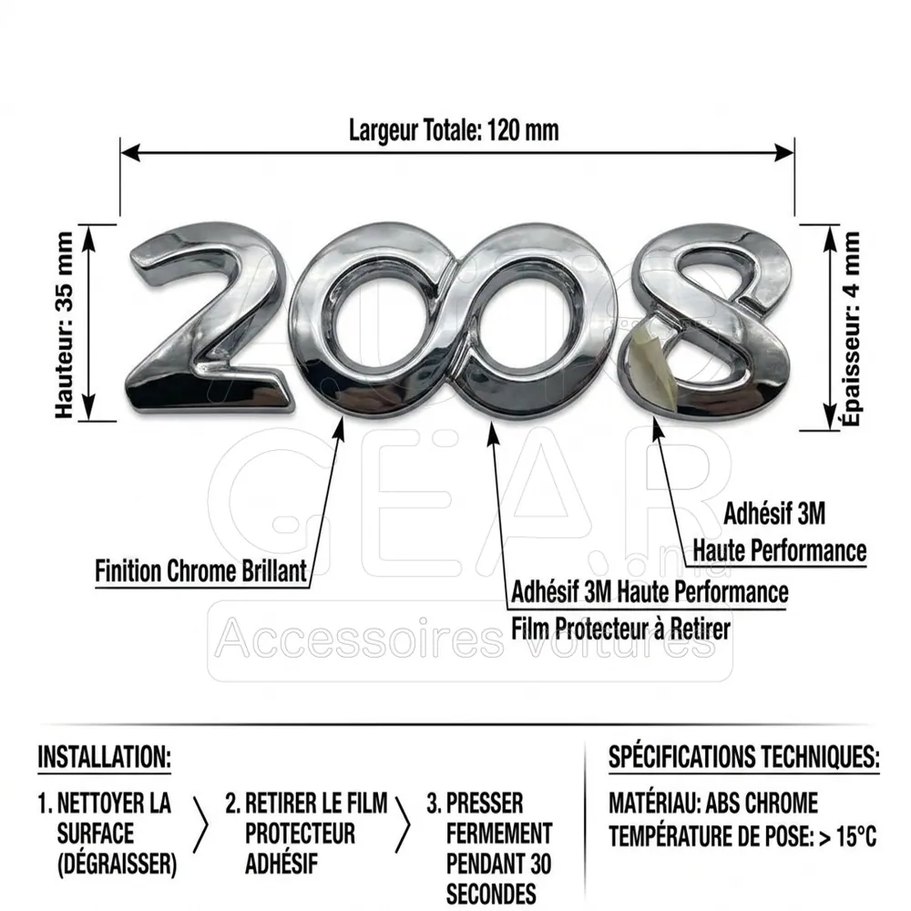 Emblème Chiffres Adhésifs Chrome Peugeot 2008 vue 4