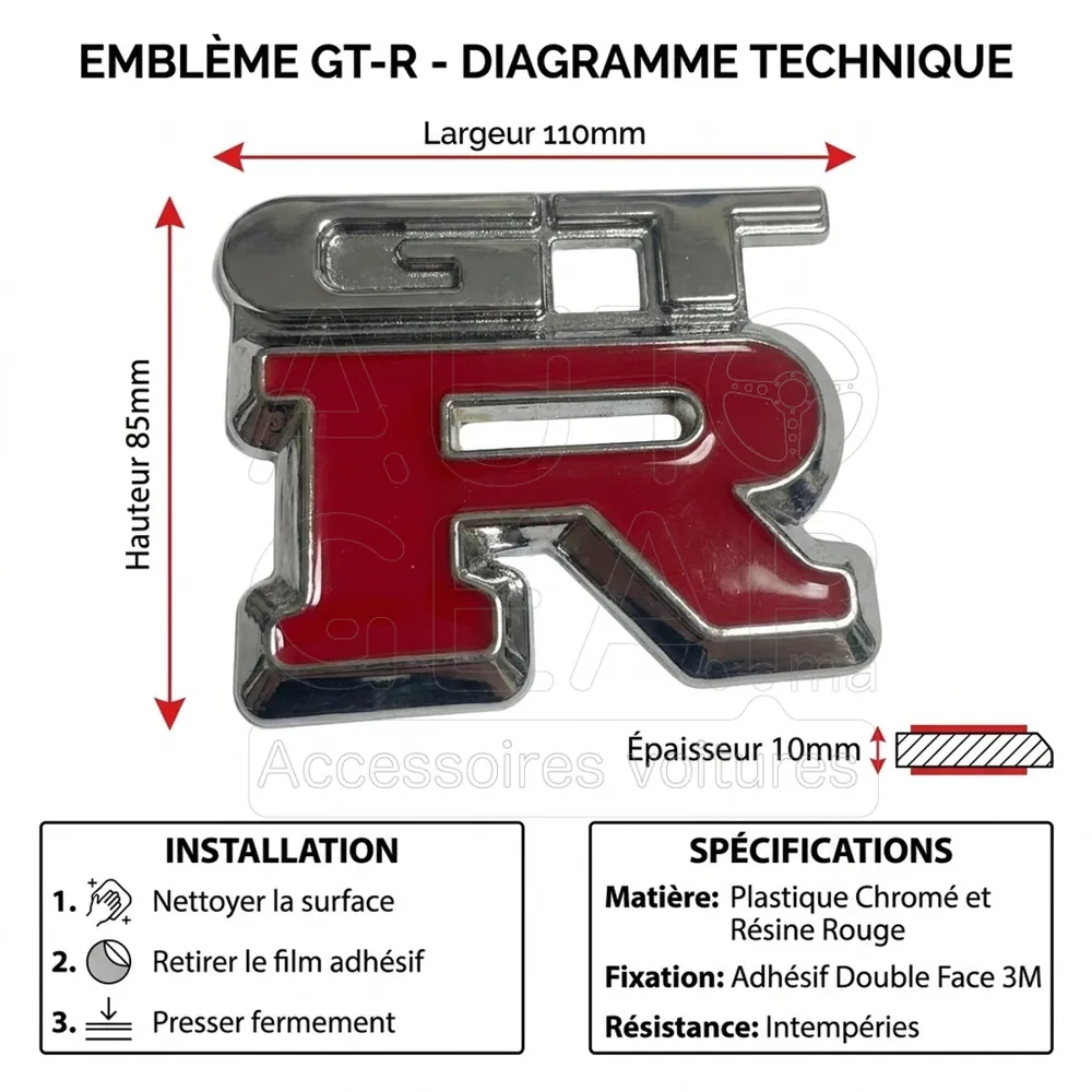 Emblème GT-R Rouge et Chrome pour Nissan vue 4