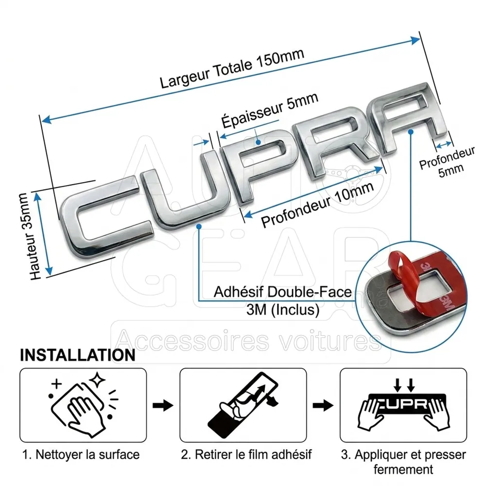 Emblème Lettres CUPRA Chrome Silver Métal vue 4