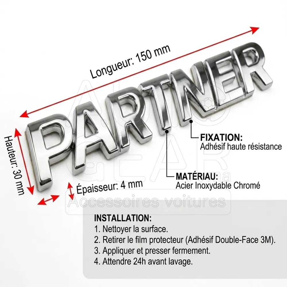 Emblème Lettres Peugeot Partner Inox Chrome vue 4