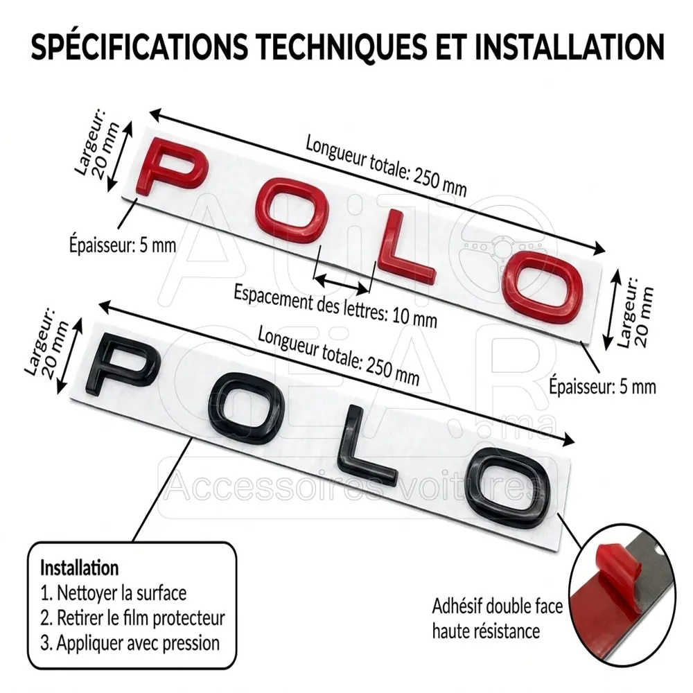 Emblème Lettres Volkswagen Polo Rouge et Noir vue 4