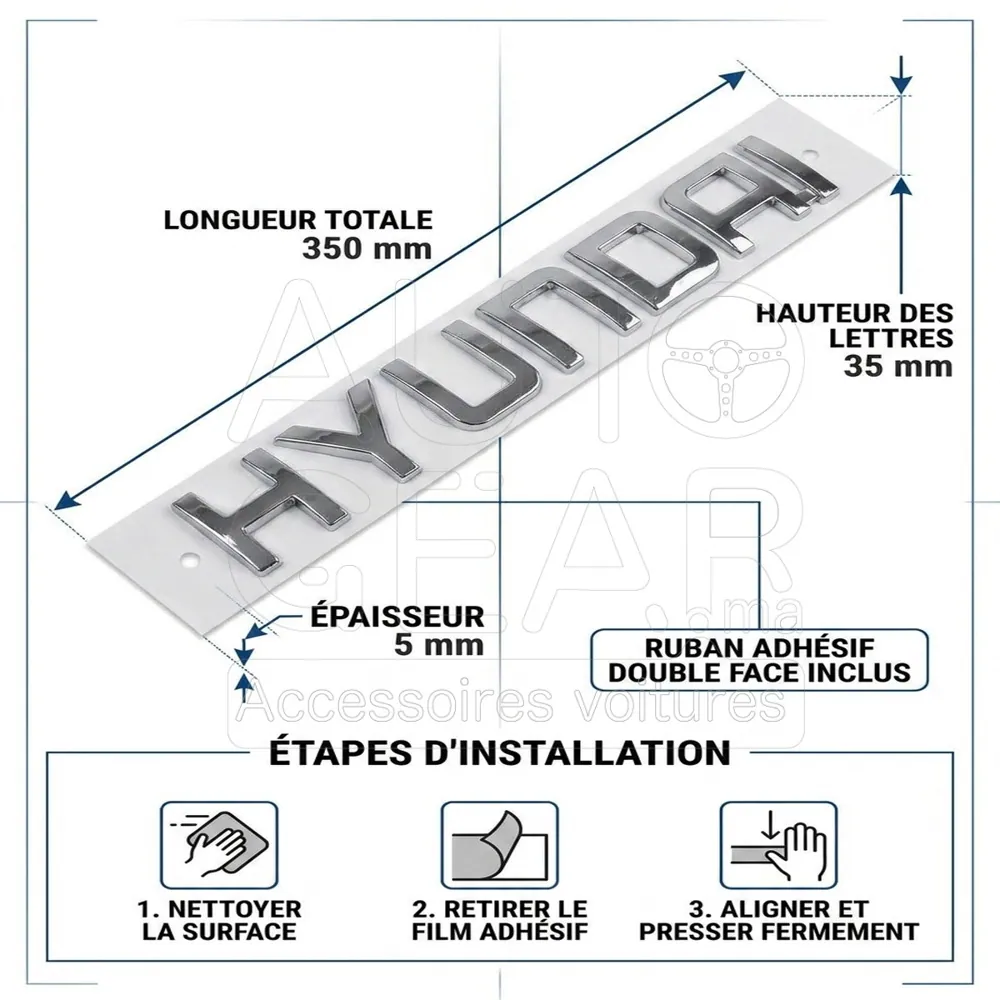 Emblème Lettres Hyundai Chrome vue 4