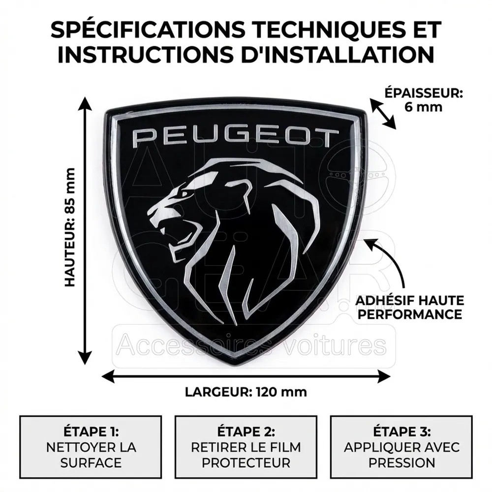 Emblème Logo Peugeot Noir et Argent vue 4