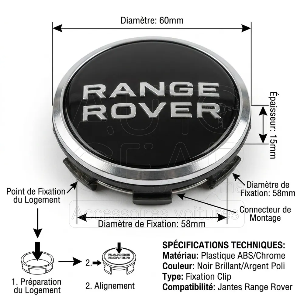 Emblème de Cache-Moyeu Range Rover Noir Argent 60mm vue 4