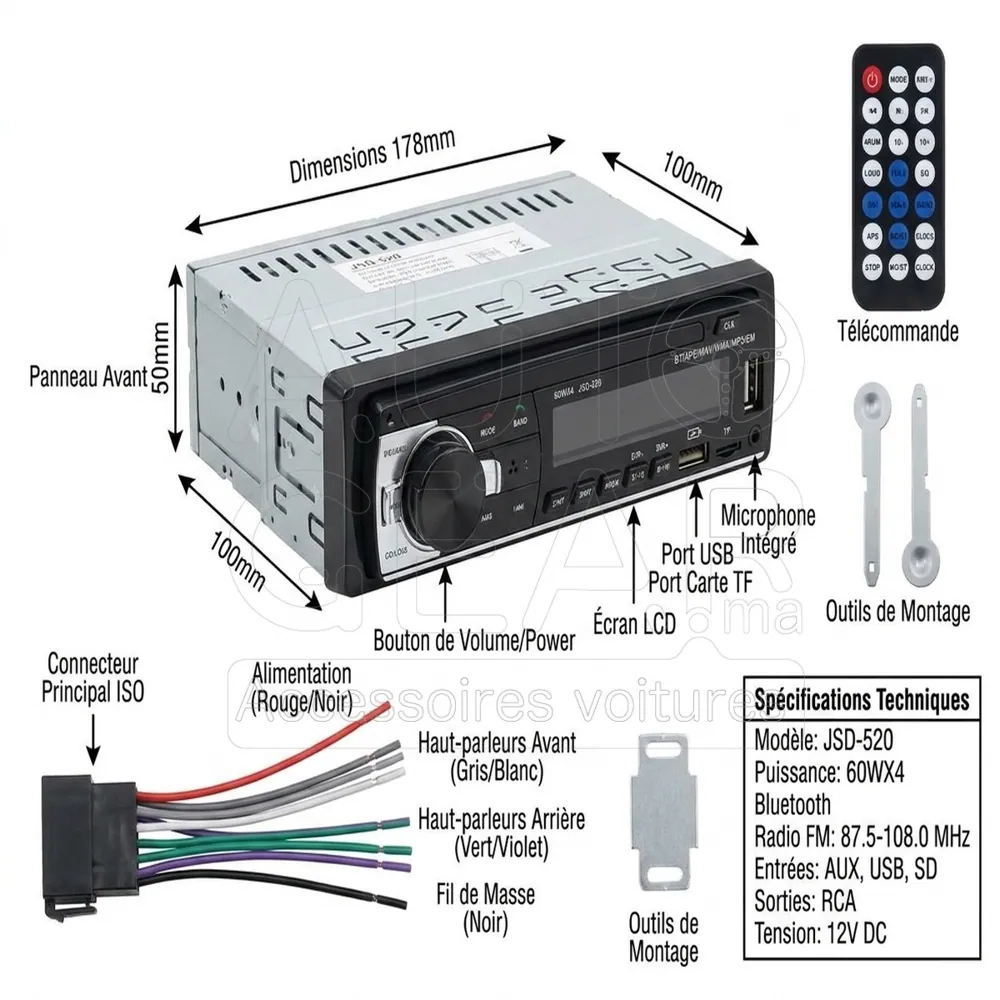 Kit Auto Radio Bluetooth avec Faisceau et Télécommande JSD-520 vue 4